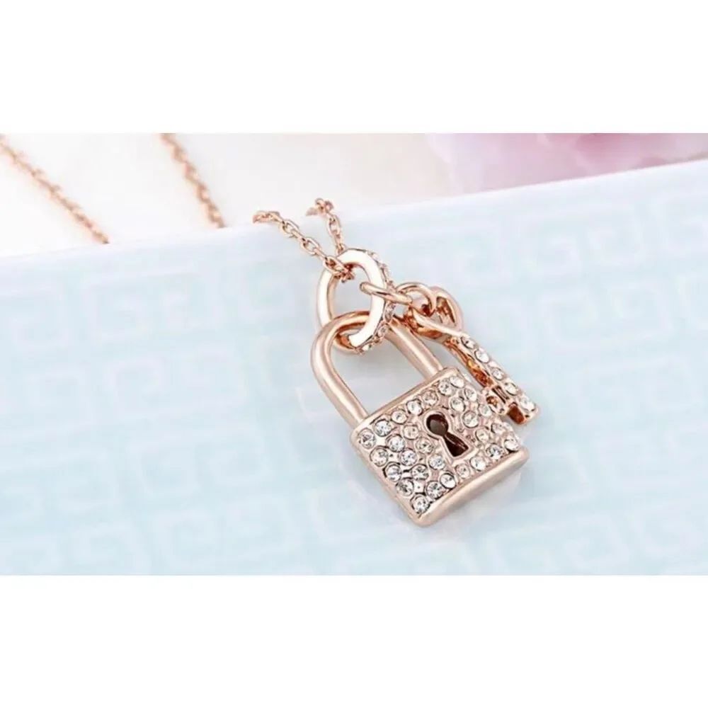 New Womens Australian Crystal Rose Gold Lock and Key Valentines Day Necklace